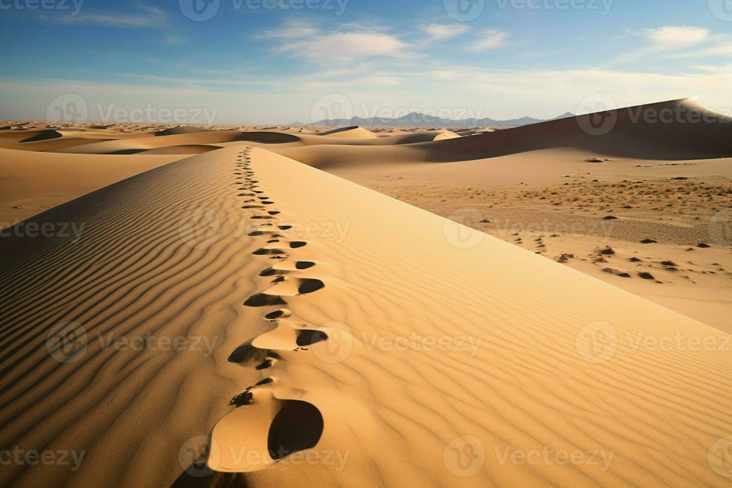 ai genererad artisteri i natur fotspår etsade på en lugn sand dyn foto