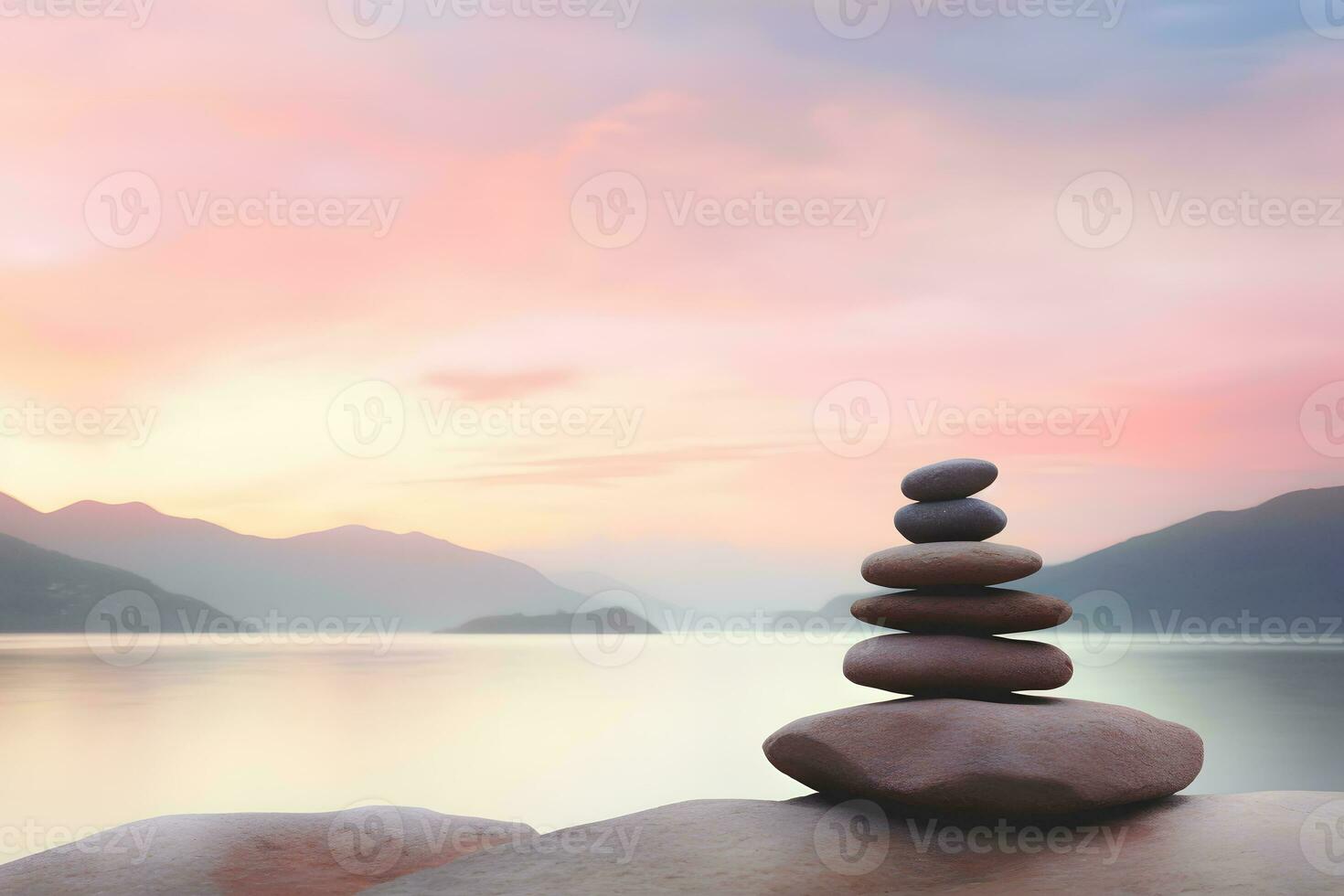 ai genererad pyramid stenar balans på de sand av de strand. de objekt är i fokus, de bakgrund är suddig. neuralt nätverk ai genererad foto