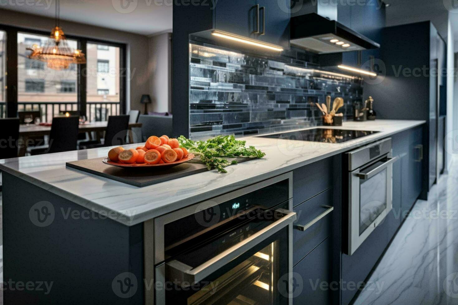 ai genererad kulinariska elegans de skönhet av en modern kök designad för effektivitet och estetik ai genererad foto