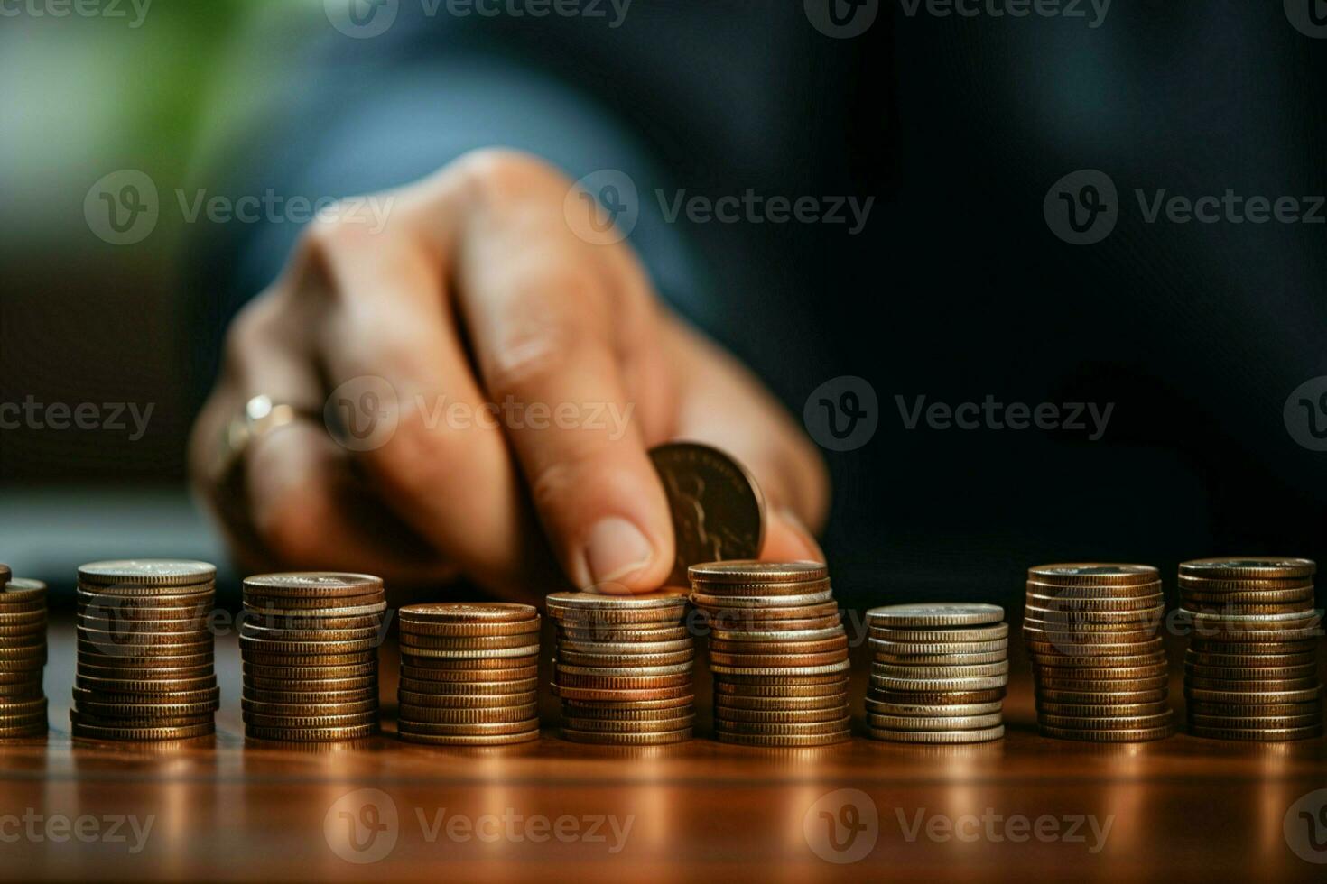ai genererad finansiell tillväxt manlig hand stackar mynt, symboliserar sparande pengar begrepp foto