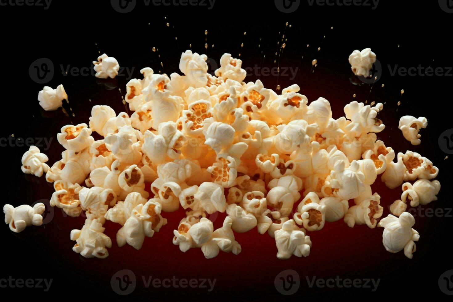 ai genererad filmiska glädje popcorn isolerat på svart, fångande rörelse och smak foto