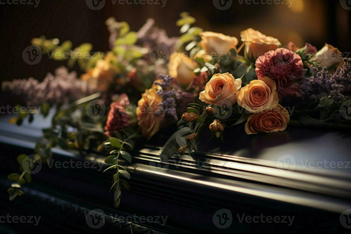 ai genererad sorg fångad stänga upp av begravning blommor på en högtidlig Kista foto