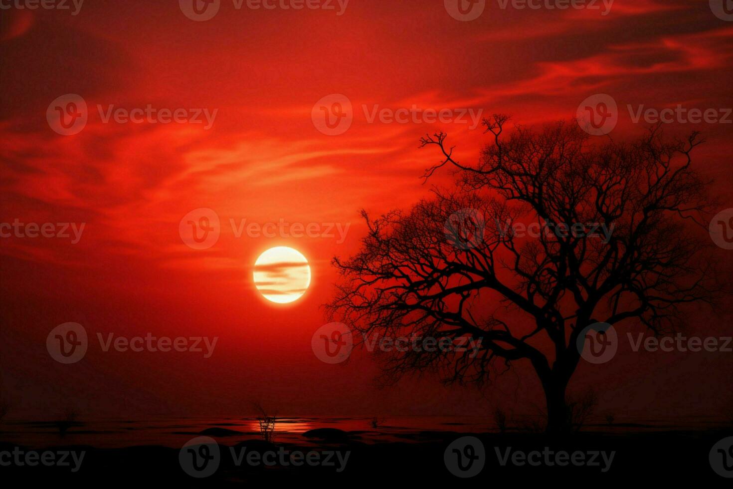 ai genererad abstrakt skönhet röd solnedgång himmel med runda Sol och silhouetted träd foto