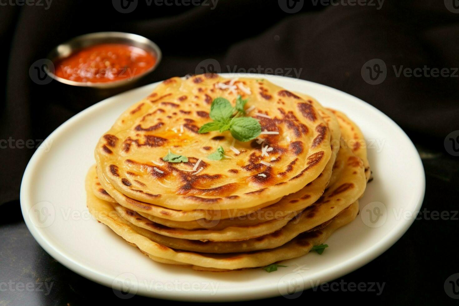 ai genererad utsökt morgon- paratha, kanai, eller roti maryam på en tallrik foto