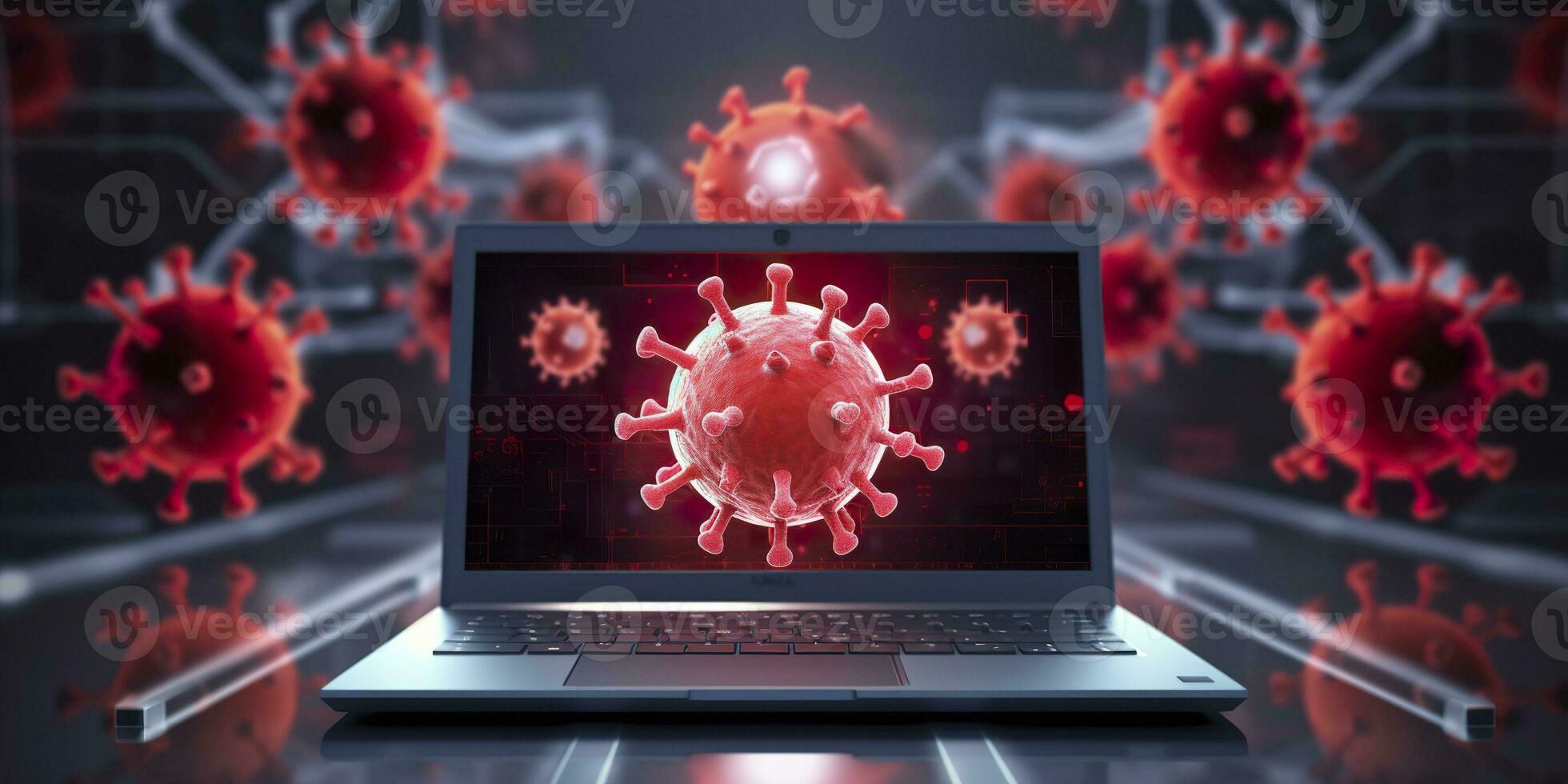 ai genererad dator skärm som visar ett montera uppdatering underrättelse med en virus symbol, ai generativ foto