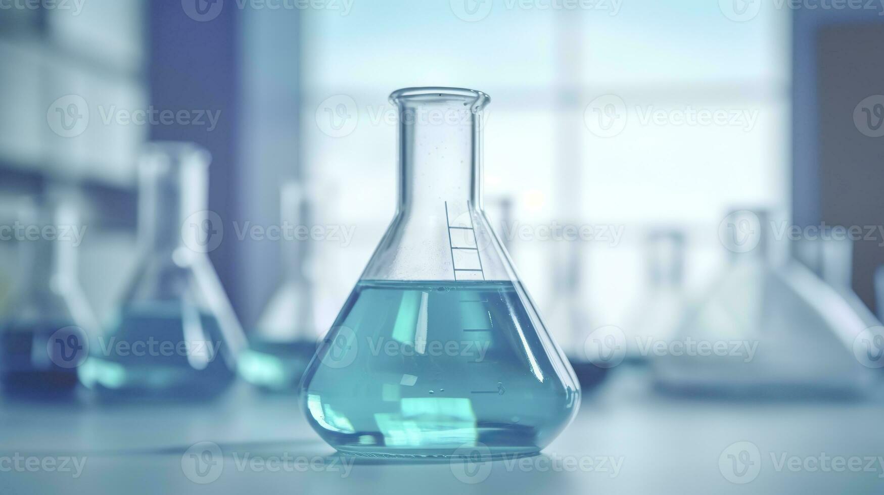 ai genererad en vetenskap bägare i de laboratorium på en tabell vit och ljus blå bakgrund.. laboratorium Utrustning ut av fokus. ai generativ foto