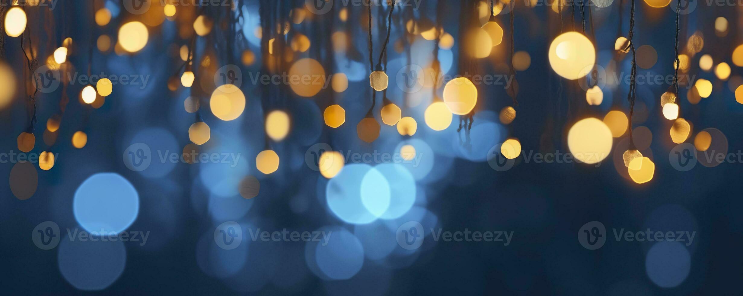 ai genererad Semester belysning och dekoration begrepp, jul krans bokeh lampor över mörk blå bakgrund. ai genererad foto