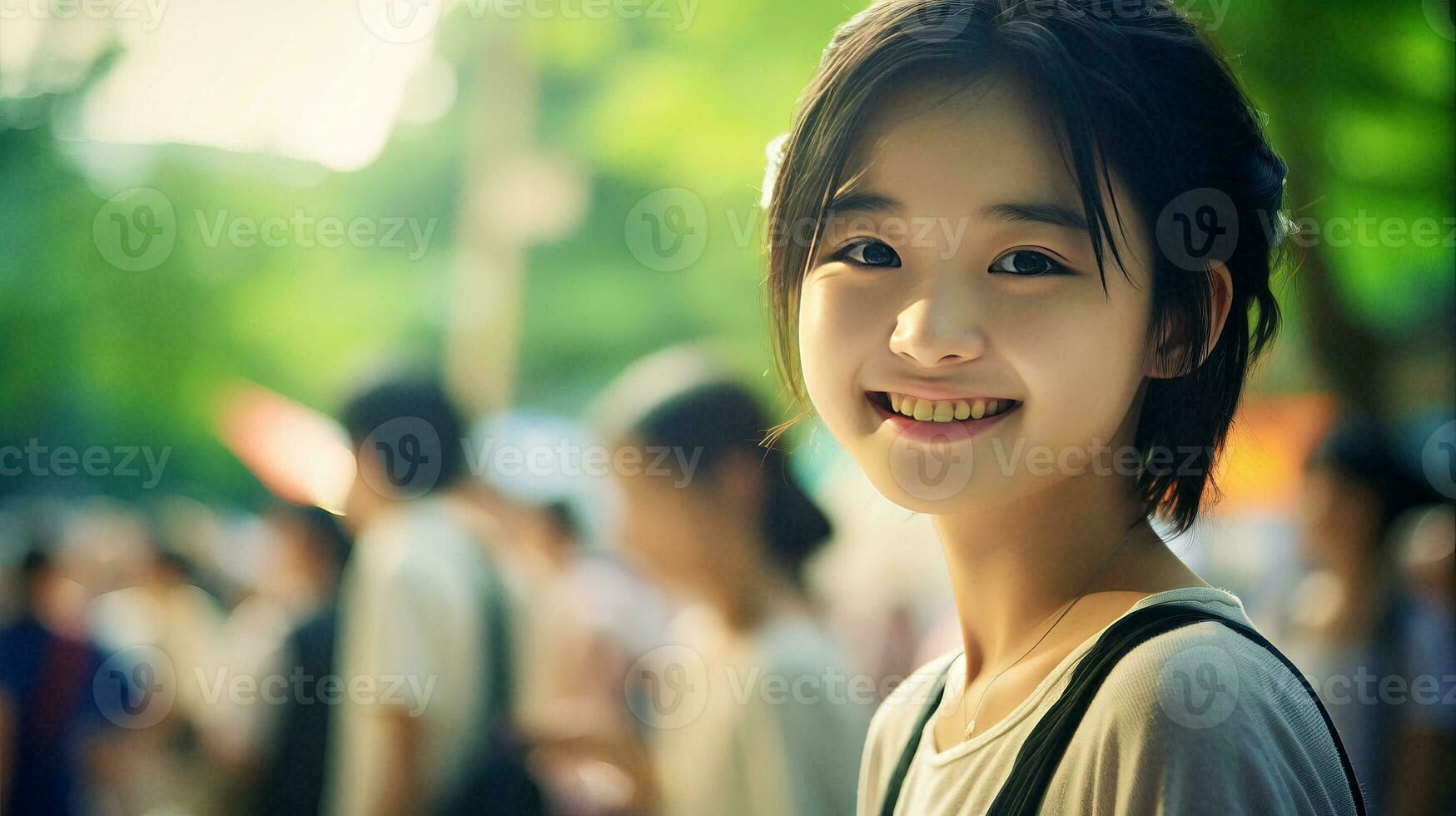 ai genererad ung asiatisk flicka med en strålnings leende foto