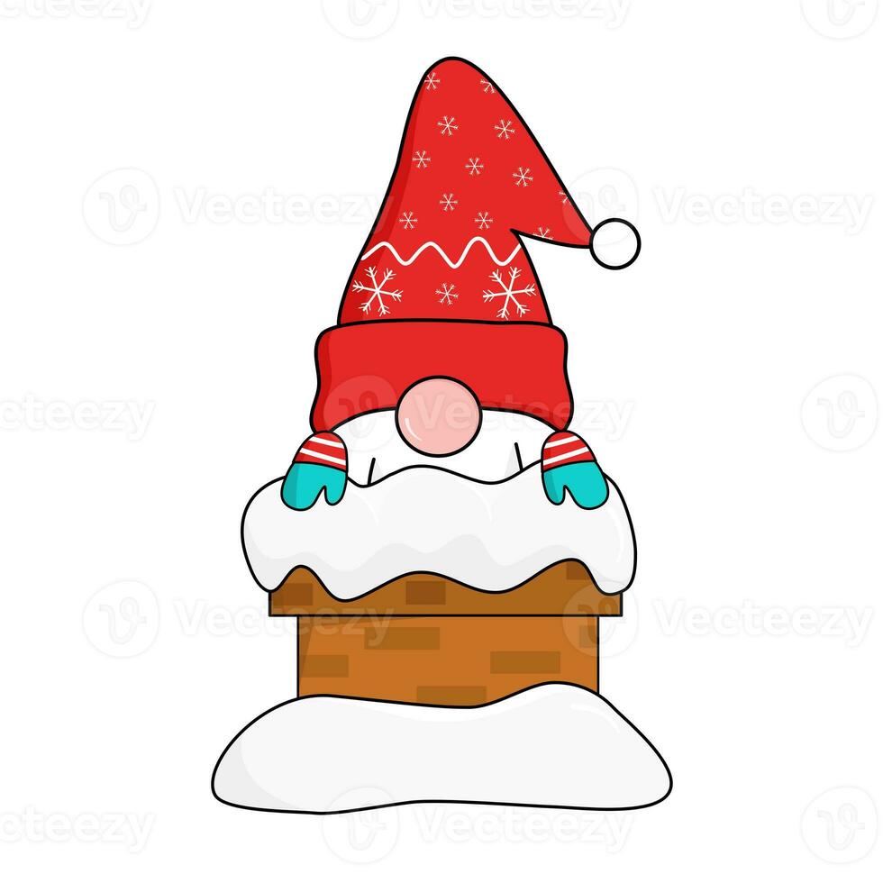 söt nisser i röd snöflingor santa klausul hatt visa upp från snötäckt skorsten till hälsning och fira jul och ny år. vektor foto