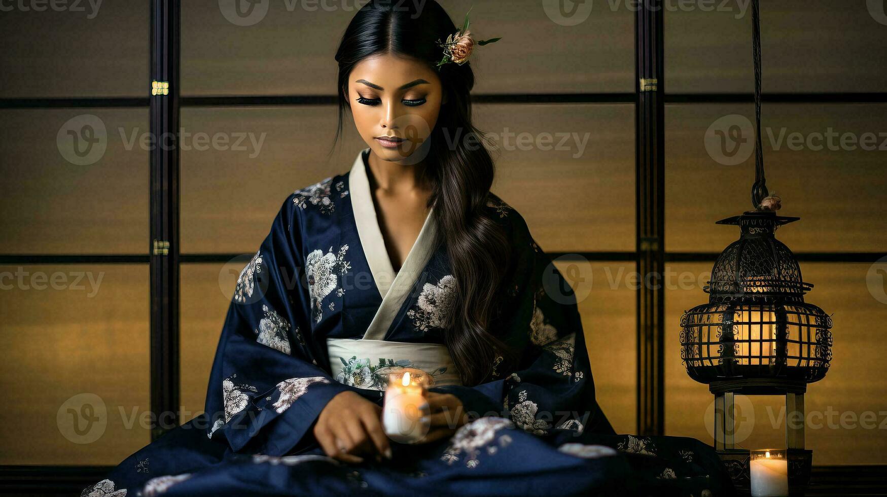 ai genererad kvinna Utsmyckad i traditionell kimono innehar en belysande ljus foto