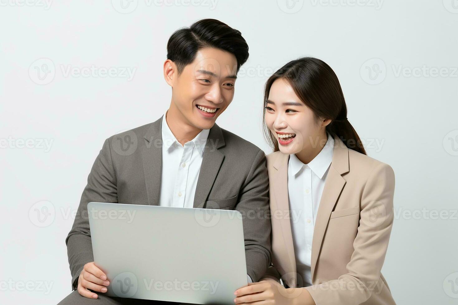 ai genererad Lycklig ung asiatisk co arbetstagare innehav och ser på bärbar dator på vit isolerat bakgrund foto