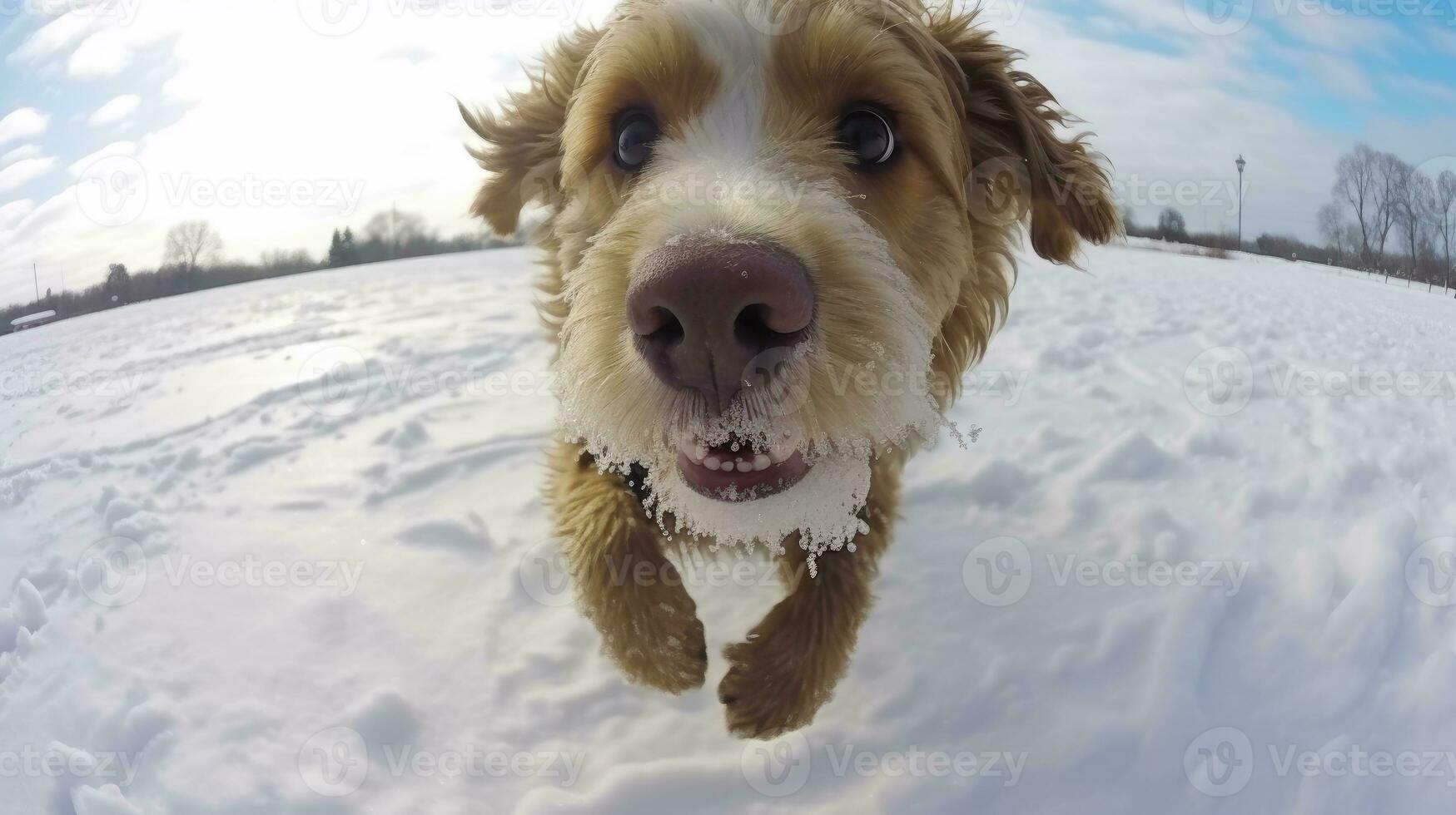 ai genererad fisköga porträtt av hund på snö täckt fält, ai generativ foto