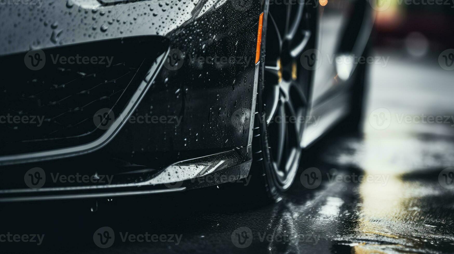 ai genererad bil våt, en bil i de regn de fokus är på de däck, närbild av bil däck på våt, ai generativ foto
