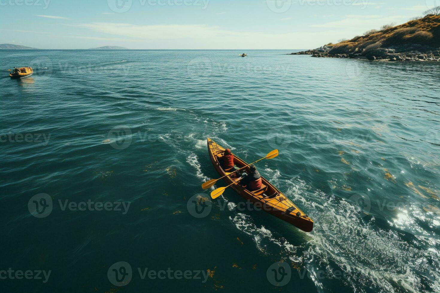 ai genererad Drönare se av människor gående Kajakpaddling foto