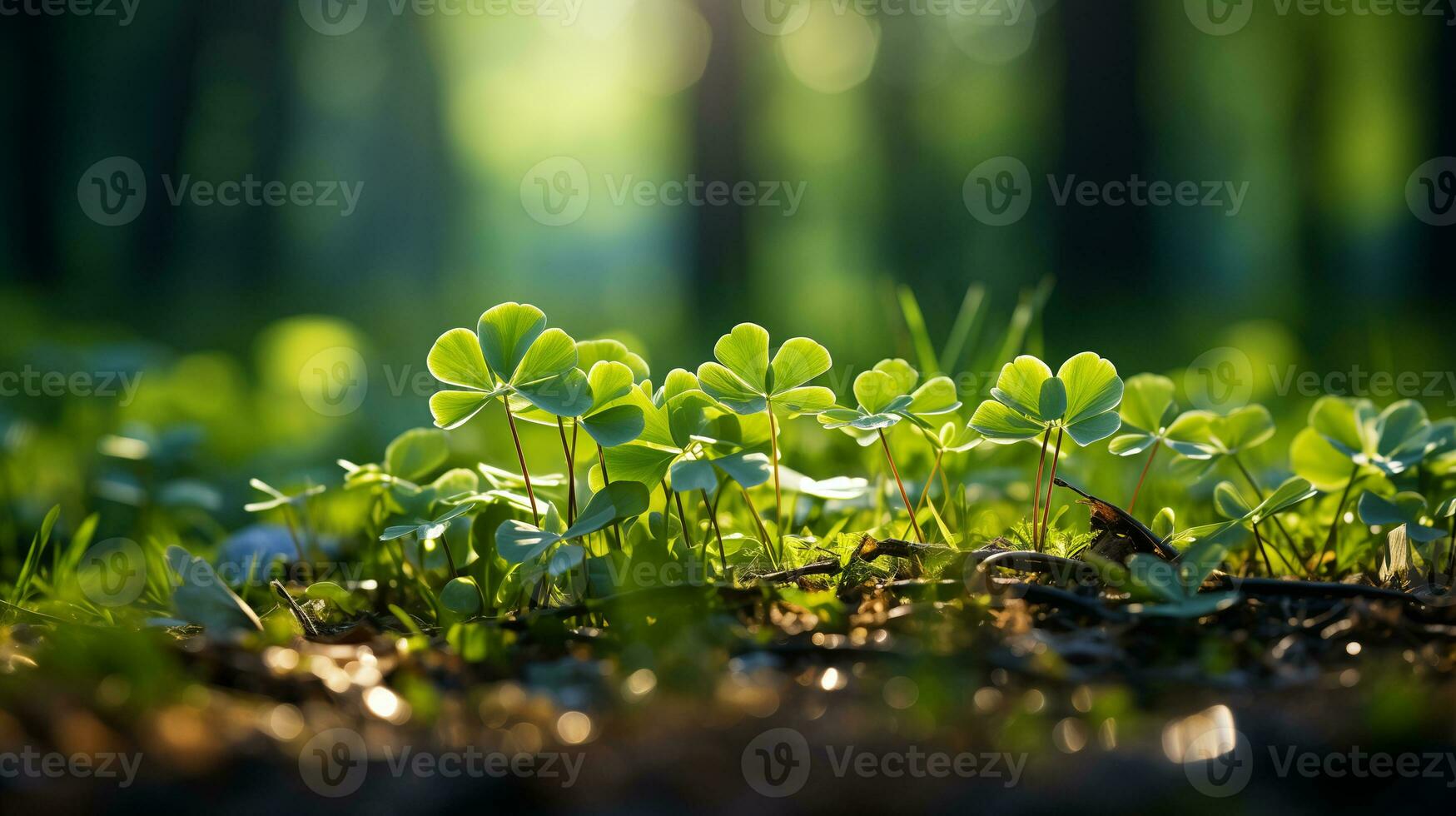 ai genererad klöver fält, löv närbild, vatten droppar, bokeh och solljus i de bakgrund. St Patrick s dag foto