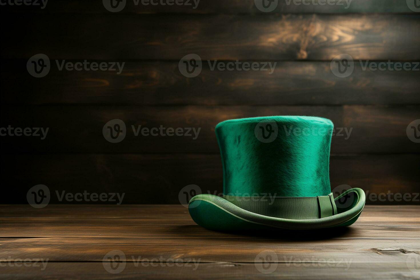 ai genererad grön st. Patricks topp hatt på trä- bakgrund foto