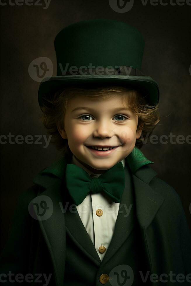 ai genererad glad liten pojke bär traditionell grön st. Patricks topp hatt foto