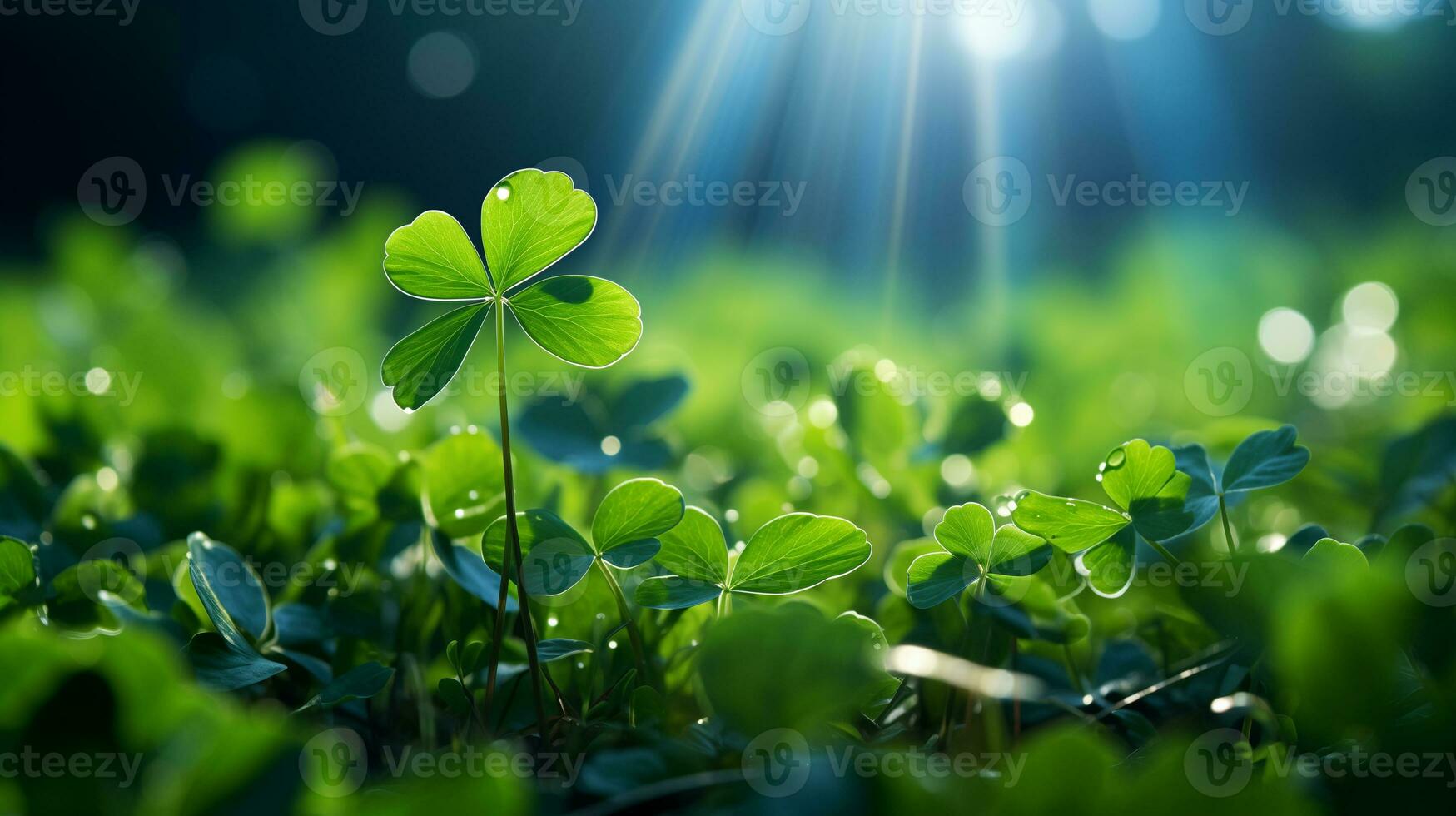 ai genererad klöver fält, löv närbild, vatten droppar, bokeh och solljus i de bakgrund. St Patrick s dag foto