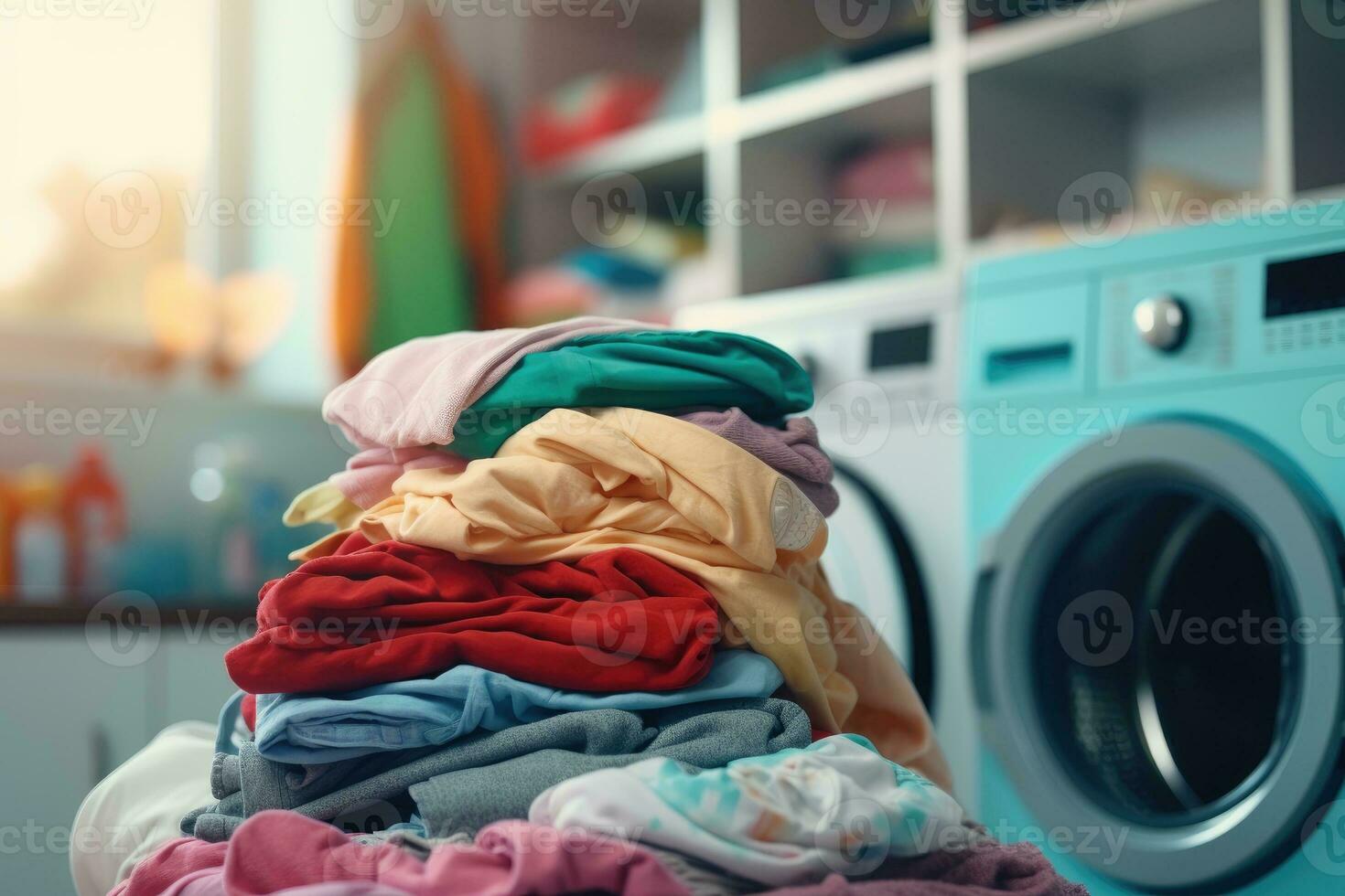 ai genererad kläder i korg på tvätt affär med modern tvättning maskin .generativ ai foto