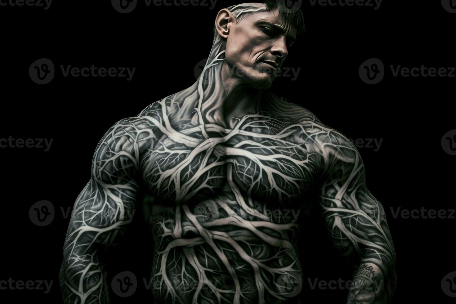 ai genererad konstnärlig man tatueringar muskel. generera ai foto