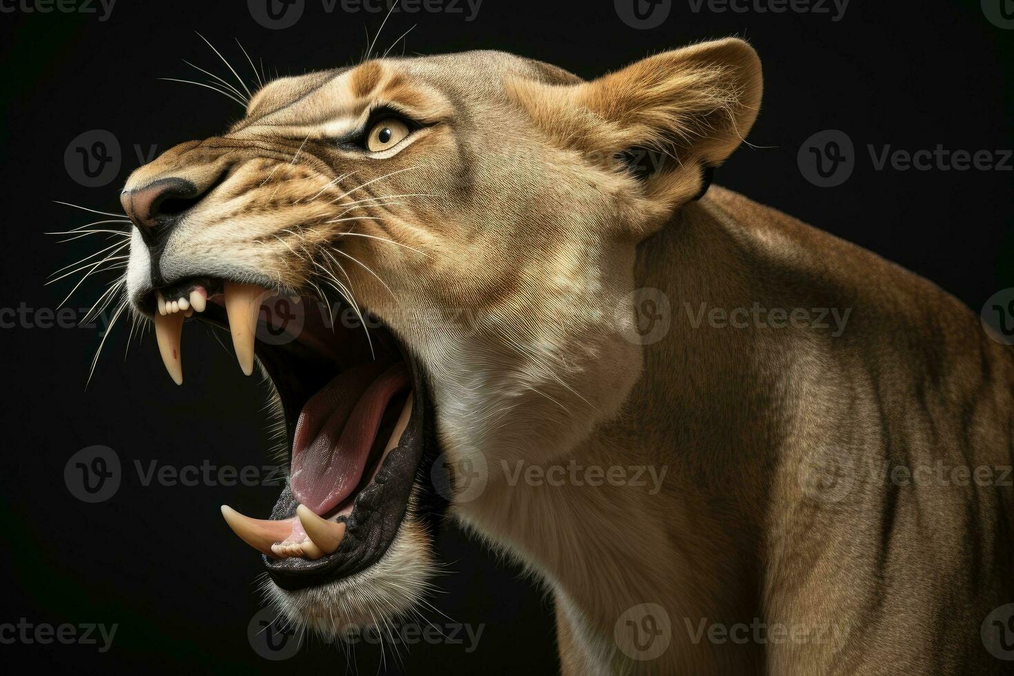 ai genererad närbild av ett arg rytande lejon redo till ge sig på. generativ ai foto