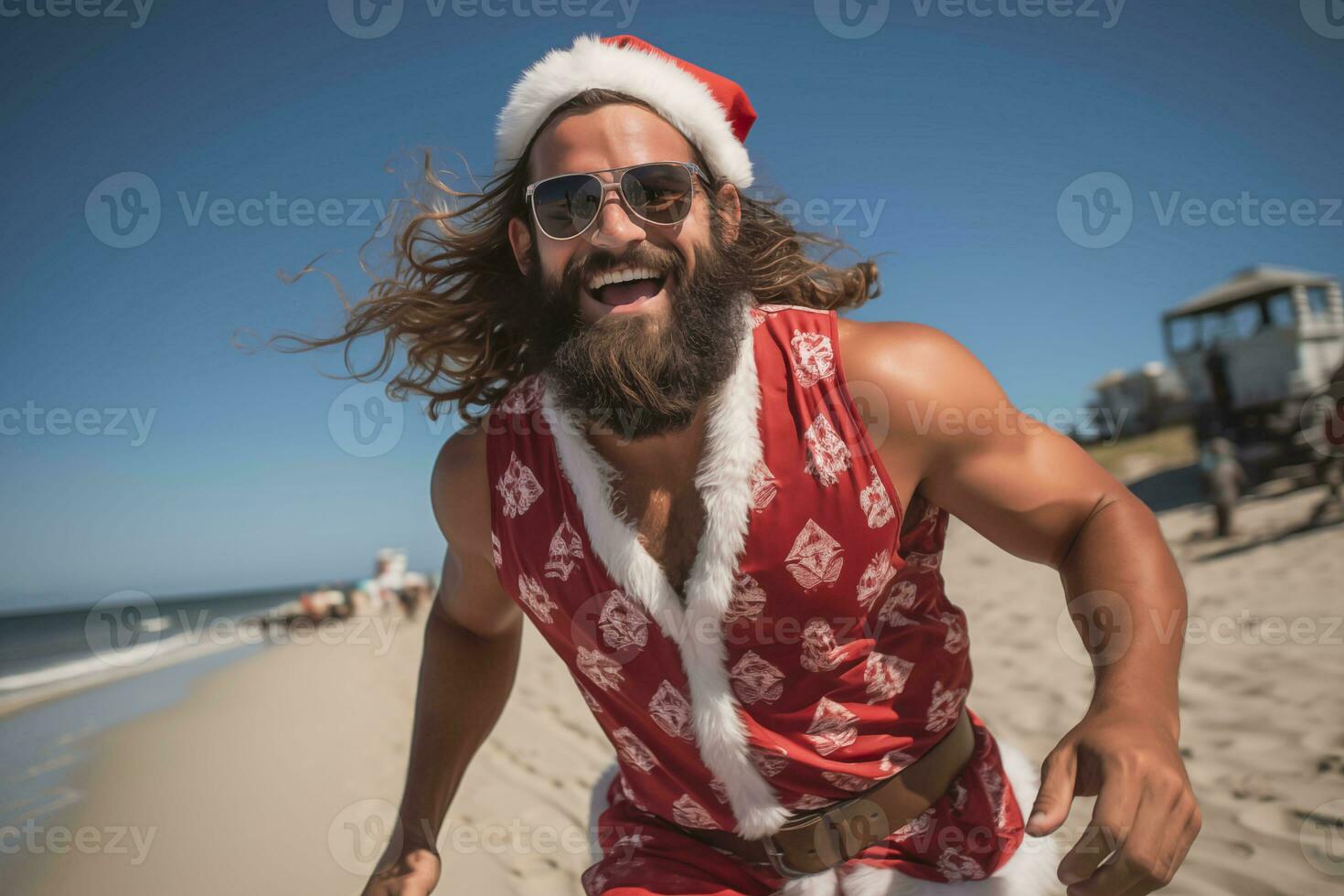 ai genererad attraktiv muskulös ung man bär en santa claus plagg löpning på strand och leende på de kamera foto