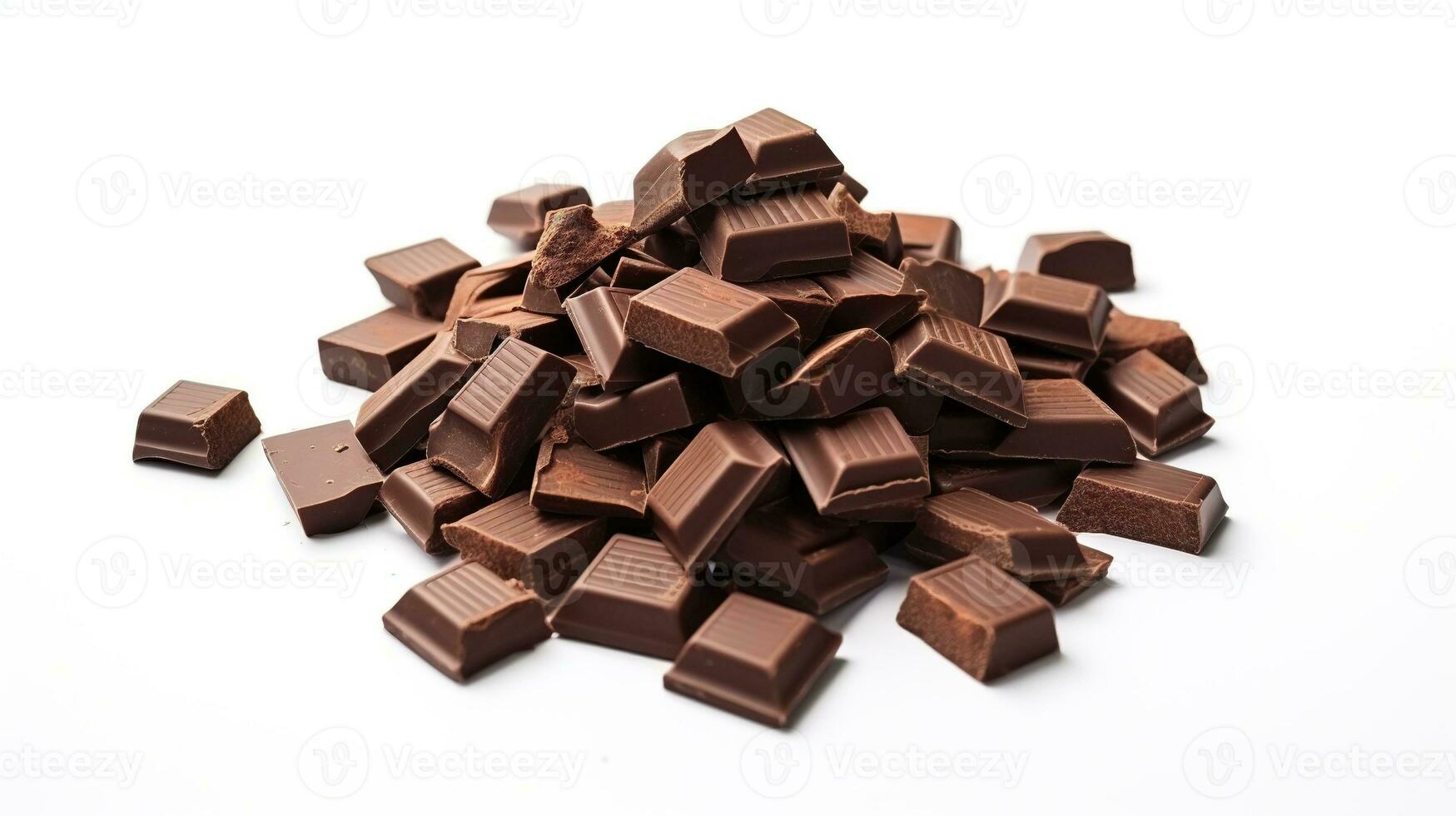 ai genererad bitar av mörk choklad på vit bakgrund. kakao foto