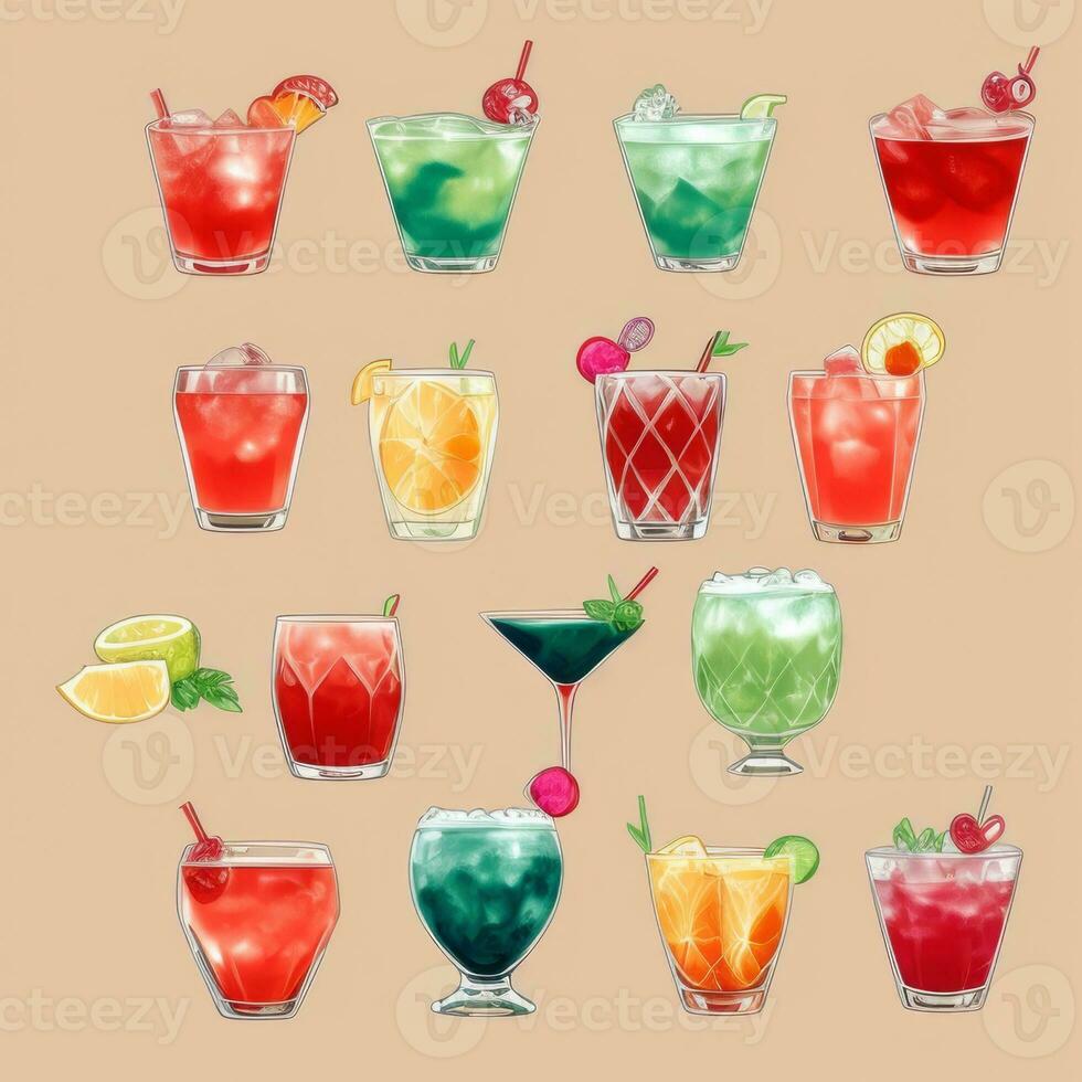 ai genererad cocktail mocktail drycker samling illustration vatten Färg enkel bakgrund foto