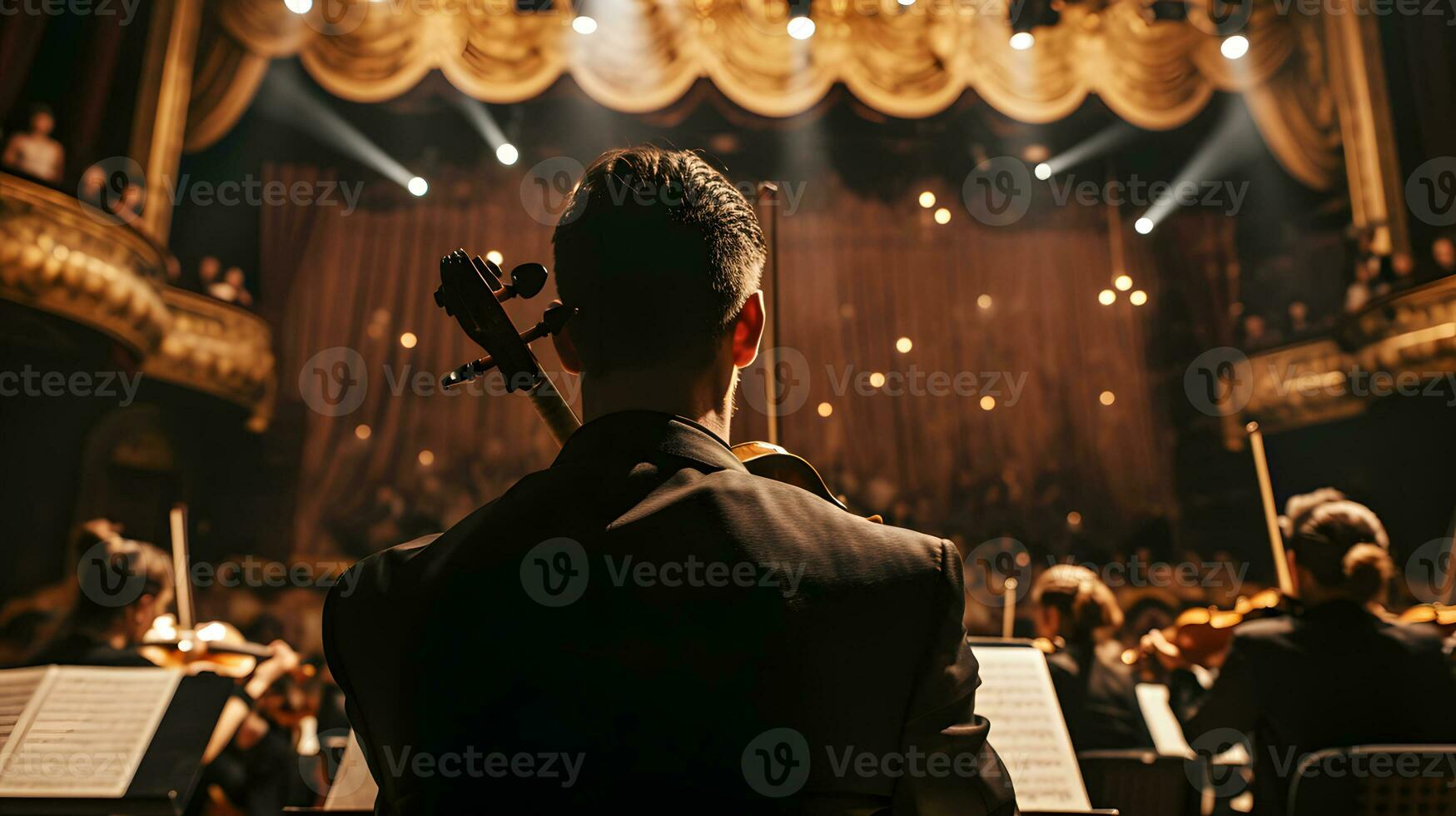 ai genererad bak- se av en manlig musiker spelar de fiol i en konsert hall foto