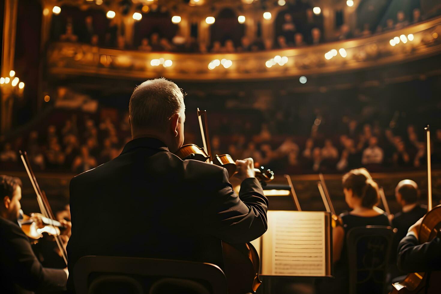 ai genererad bak- se av en manlig dirigent spelar de fiol i de konsert hall foto