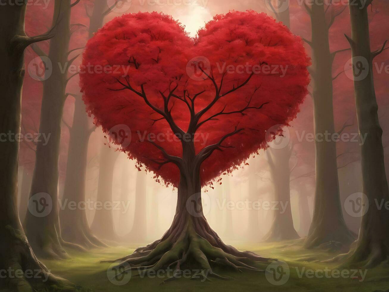 ai genererad röd hjärta formad träd 3d röd kärlek valentines dag foto