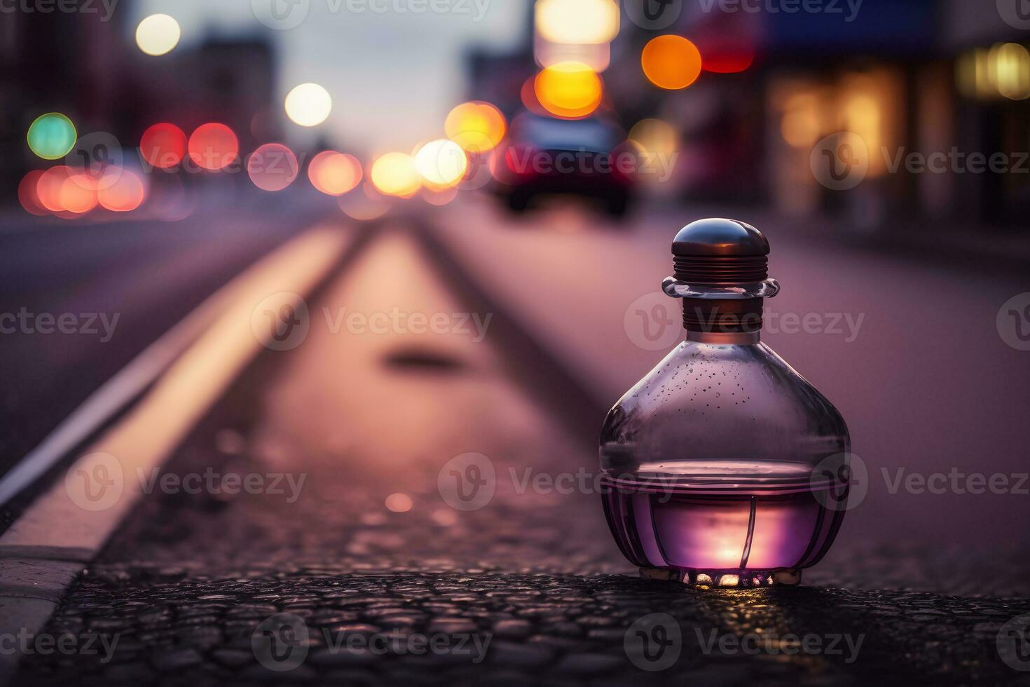 ai genererad parfym flaska mot de bakgrund av natt stad lampor. neuralt nätverk genererad konst foto