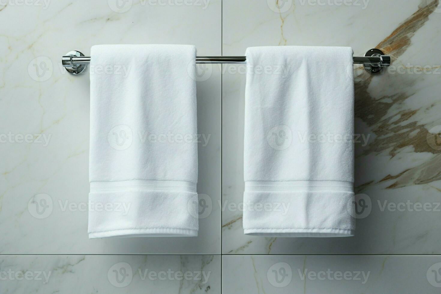 ai genererad badrum elegans vit handduk hängande i en marmor kaklade vägg badrum foto