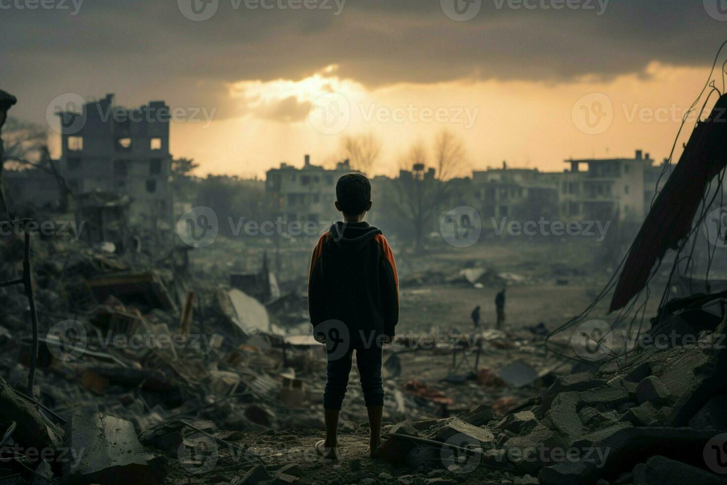 ai genererad krig verkningarna barn står innan förstörd byggnad i dyster tystnad foto