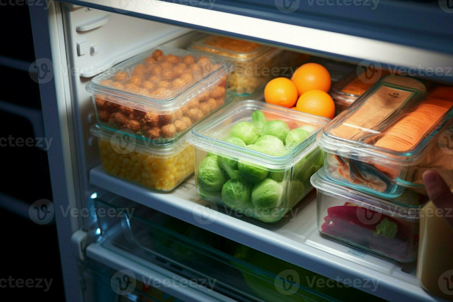 ai genererad kylskåp hitta hämtning en mat behållare från de kylskåp för en måltid ai genererad foto