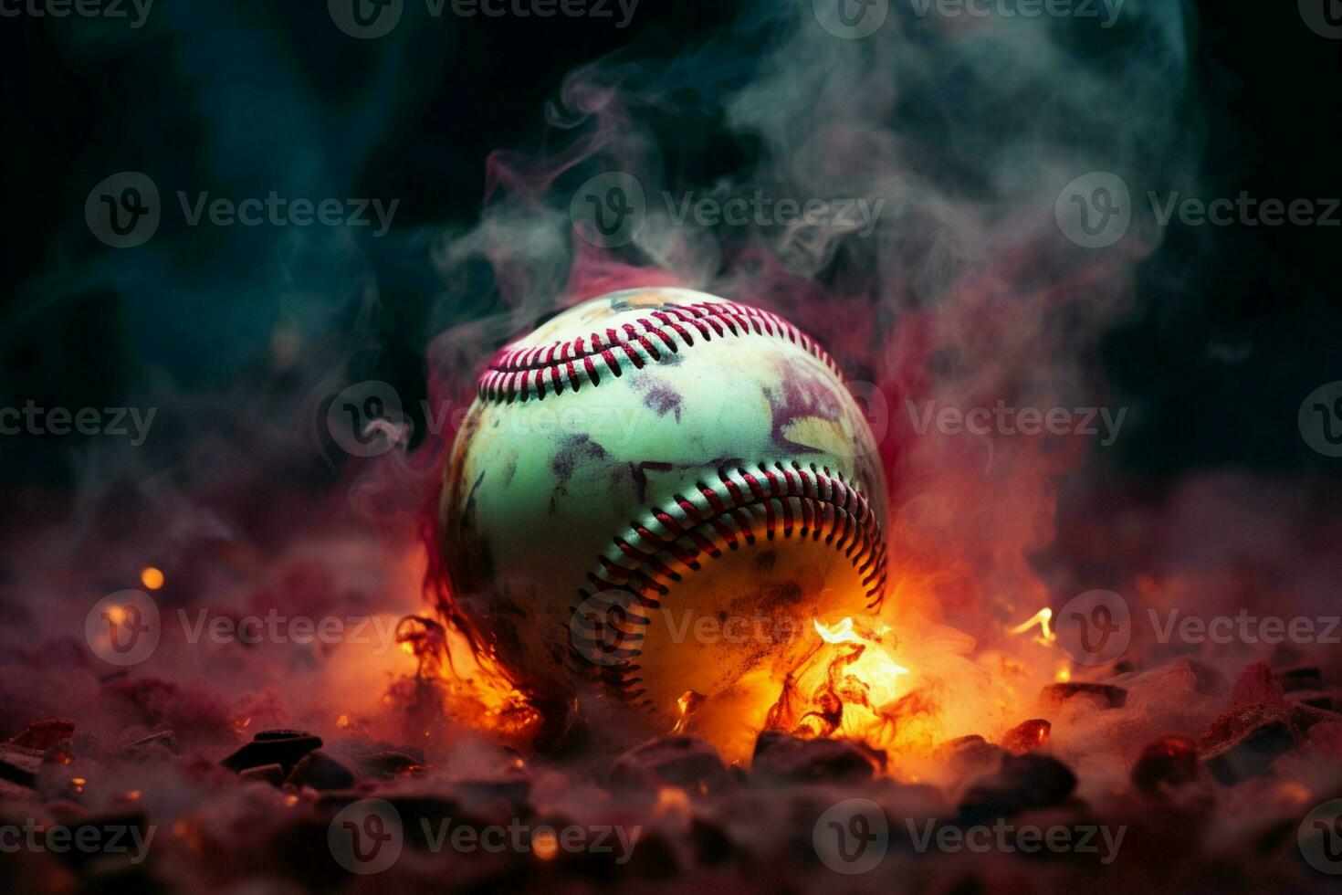 ai genererad mystisk atmosfär färgrik baseboll poppar i en rökig, dramatisk miljö foto