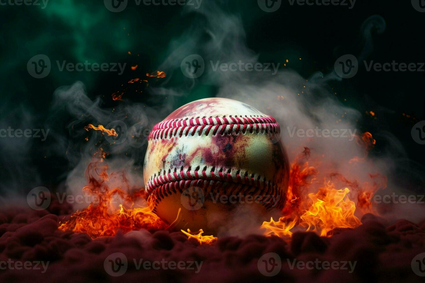 ai genererad levande kontrast färgrik baseboll står ut mot en mystisk, rökig bakgrund foto