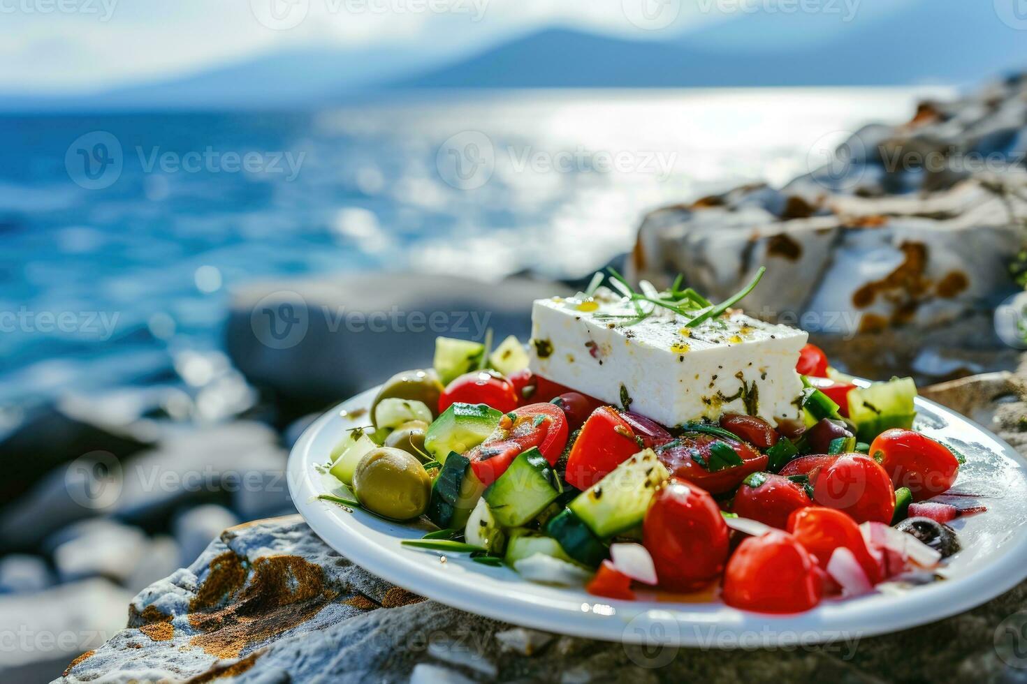 ai genererad grekisk sallad med tomater, gurkor, vit fetaost ost, oliver och de hav i de bakgrund foto