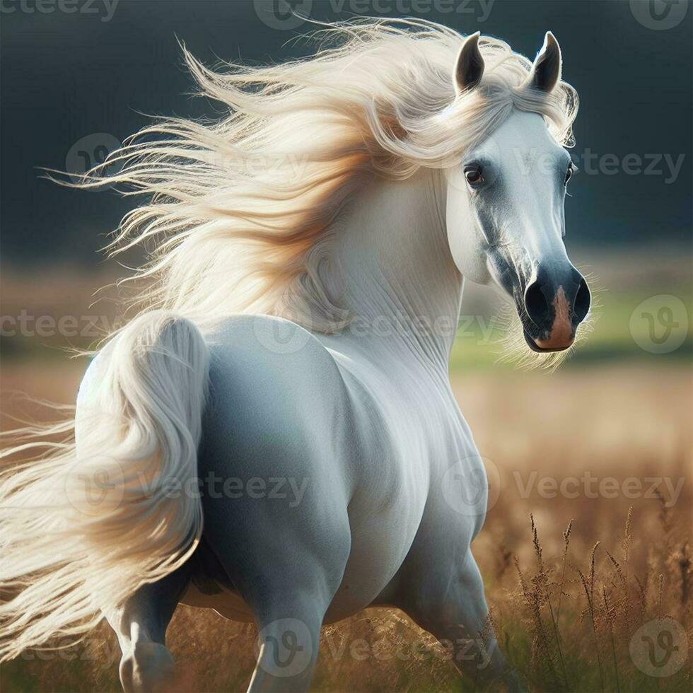 ai genererad skön vit häst med lång manen löpning på grön äng foto