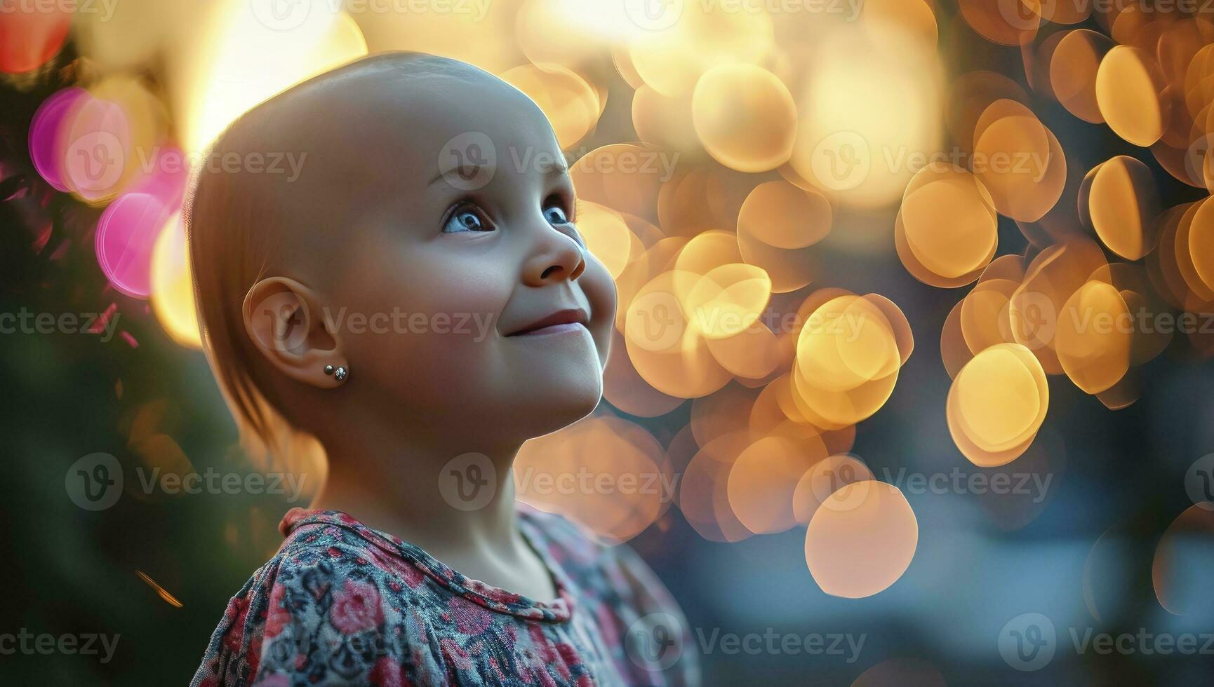 ai genererad en liten flicka med en skallig huvud som visar henne leende, i de stil av bokeh panorama foto
