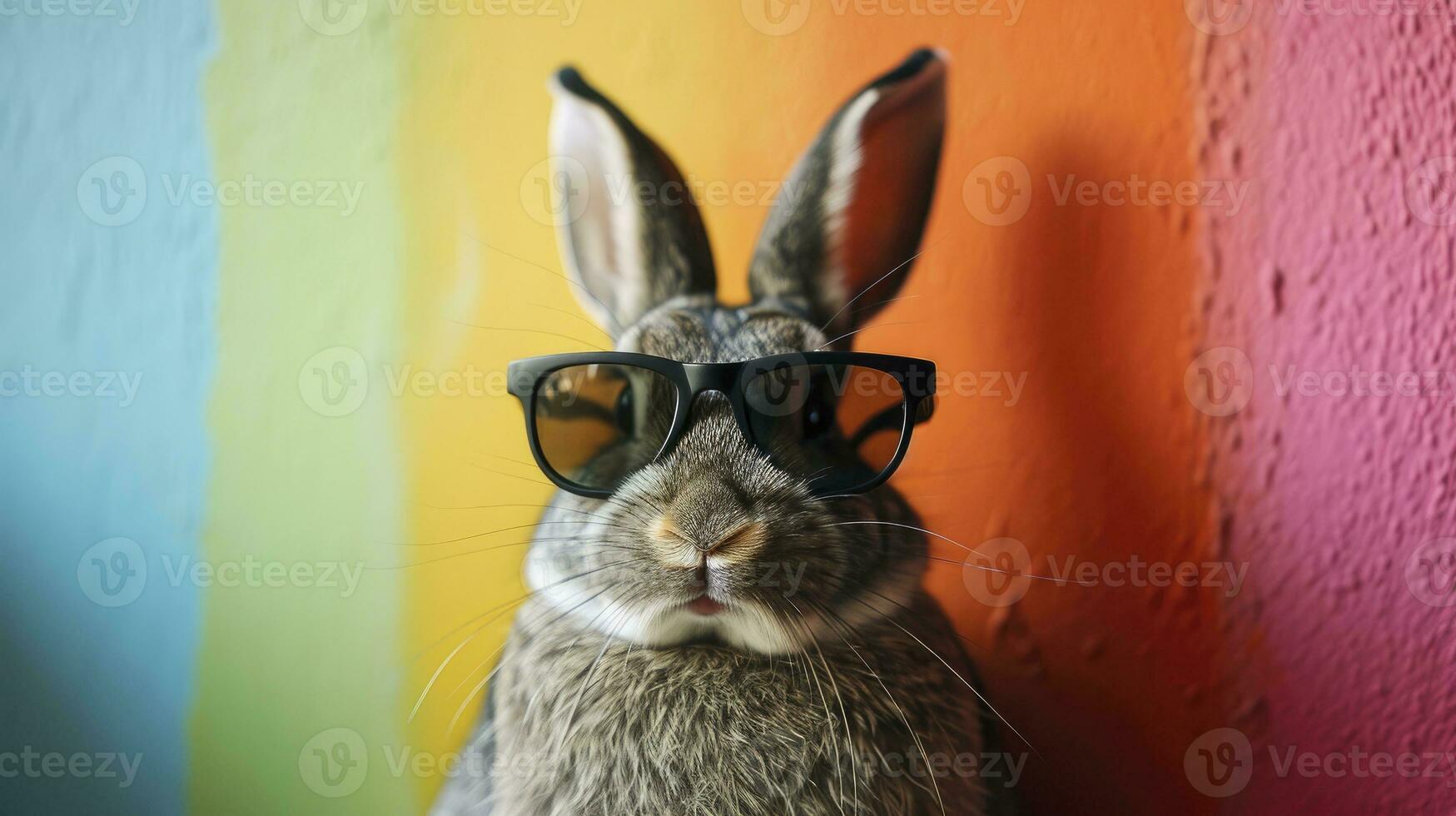 ai genererad Häftigt kanin med solglasögon på färgrik bakgrund foto