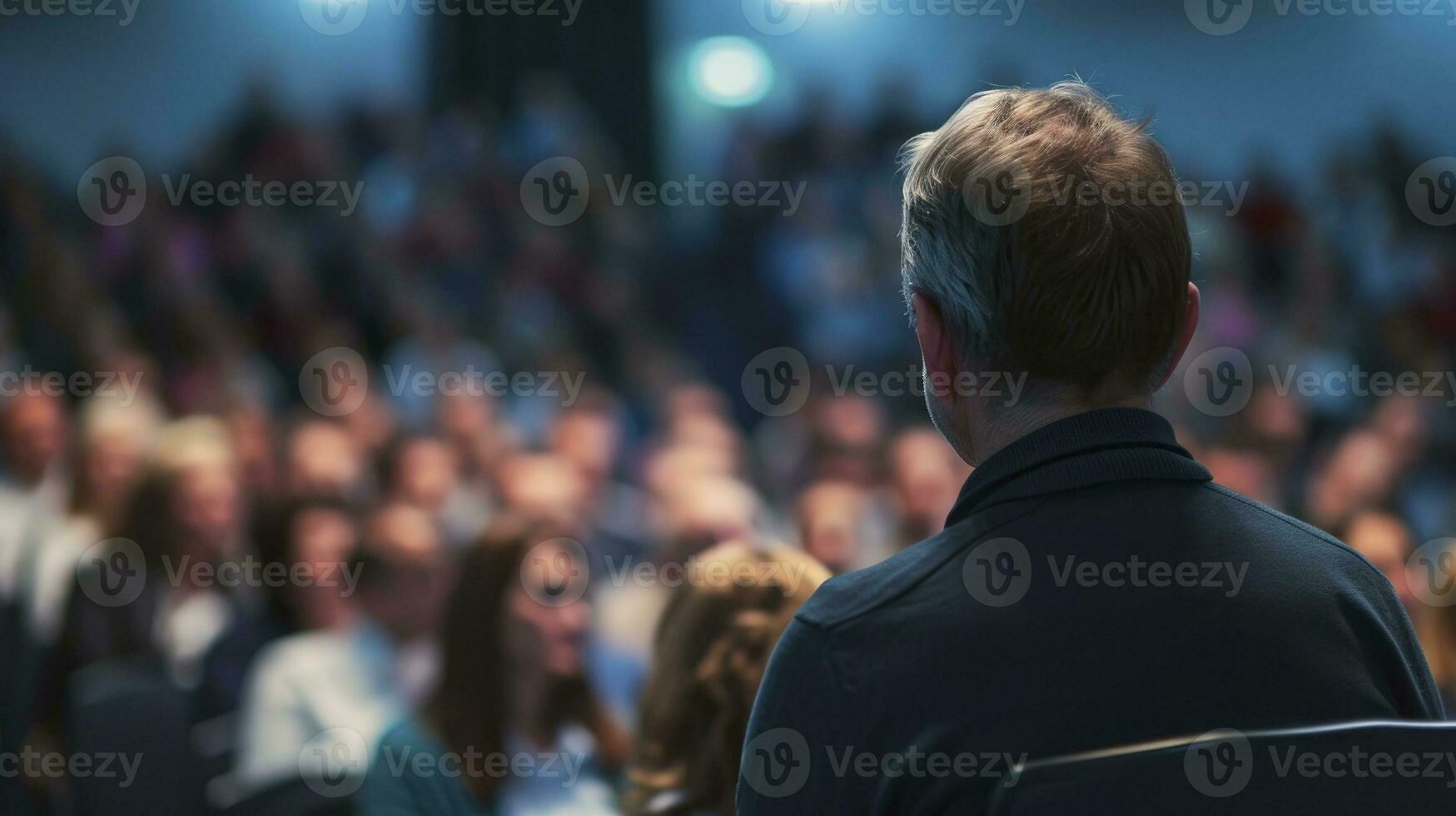 ai genererad företag och företagande symposium. högtalare ger en prata på företag möte. publik i konferens hall. bak- se av okänd deltagare i publik. foto