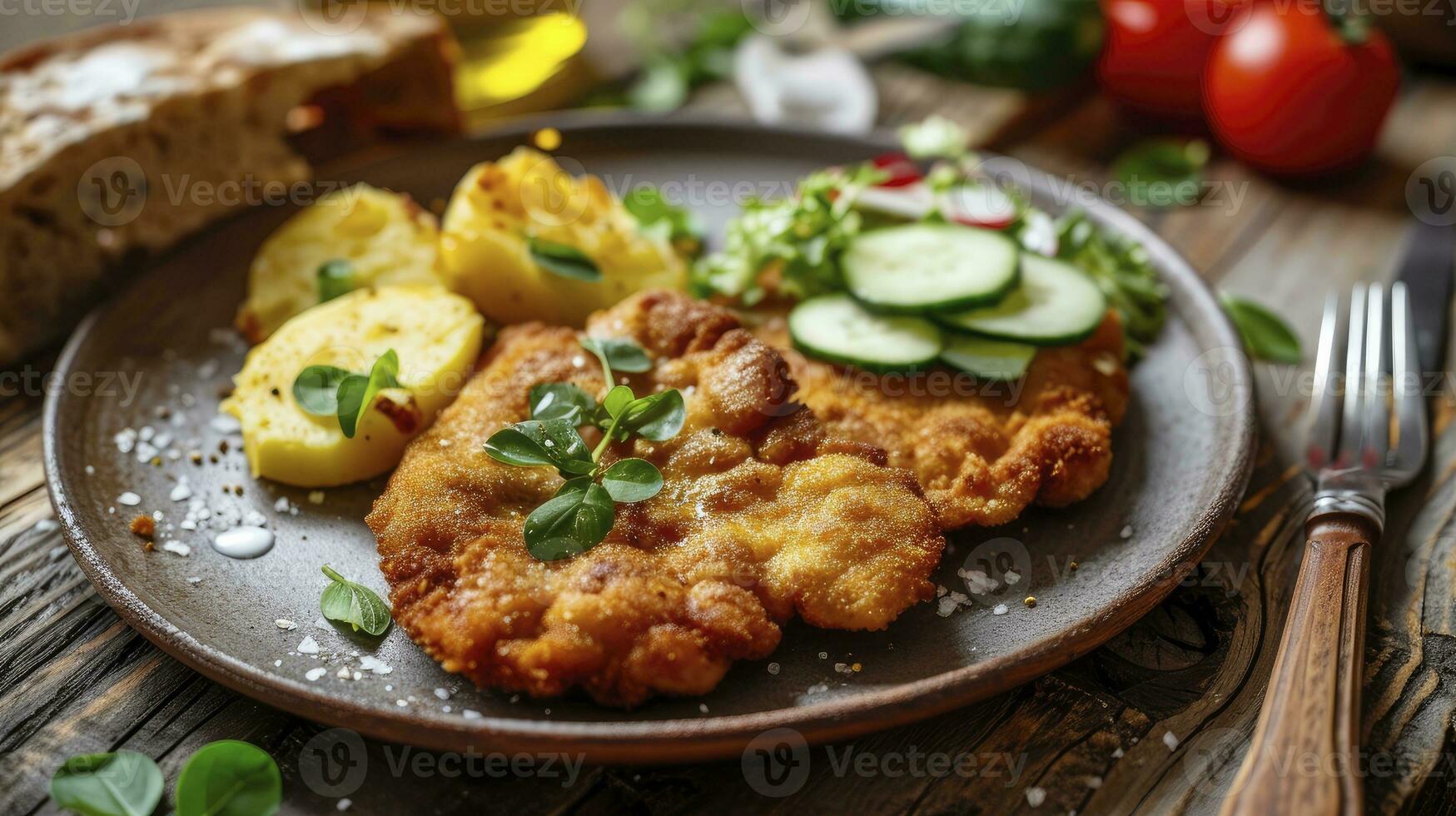 ai genererad klassisk friterad schnitzel eras med potatis och gurka sallad på en rustik modern tallrik foto