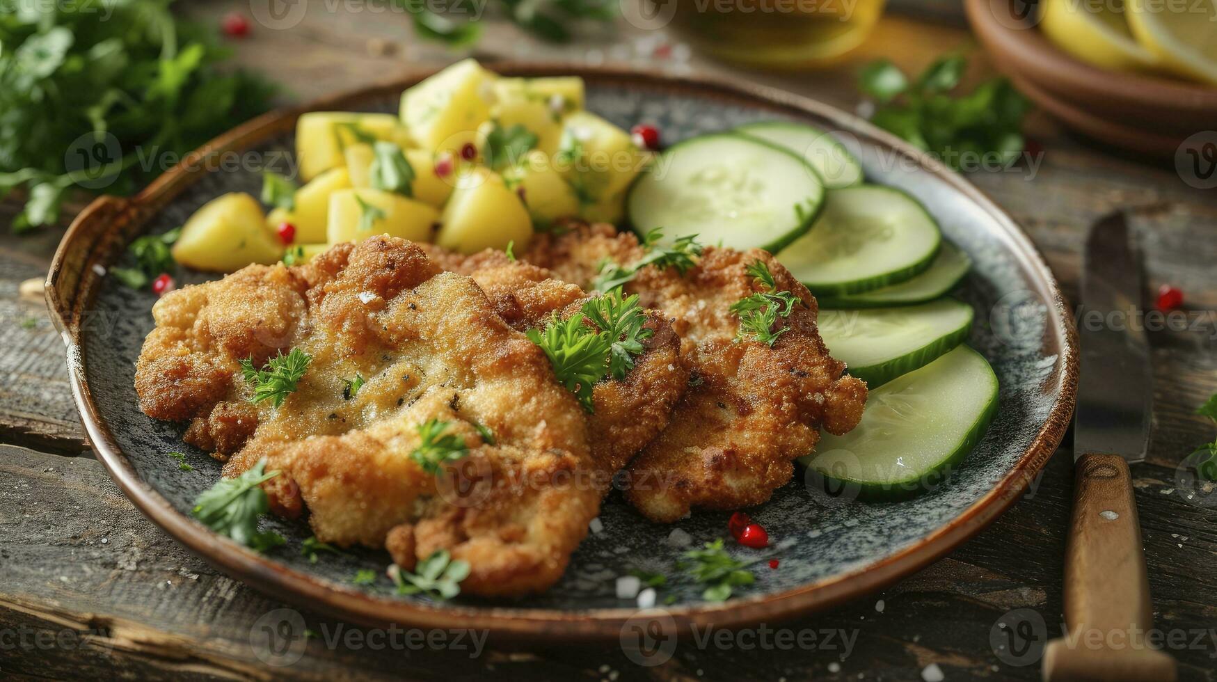 ai genererad klassisk friterad schnitzel eras med potatis och gurka sallad på en rustik modern tallrik foto