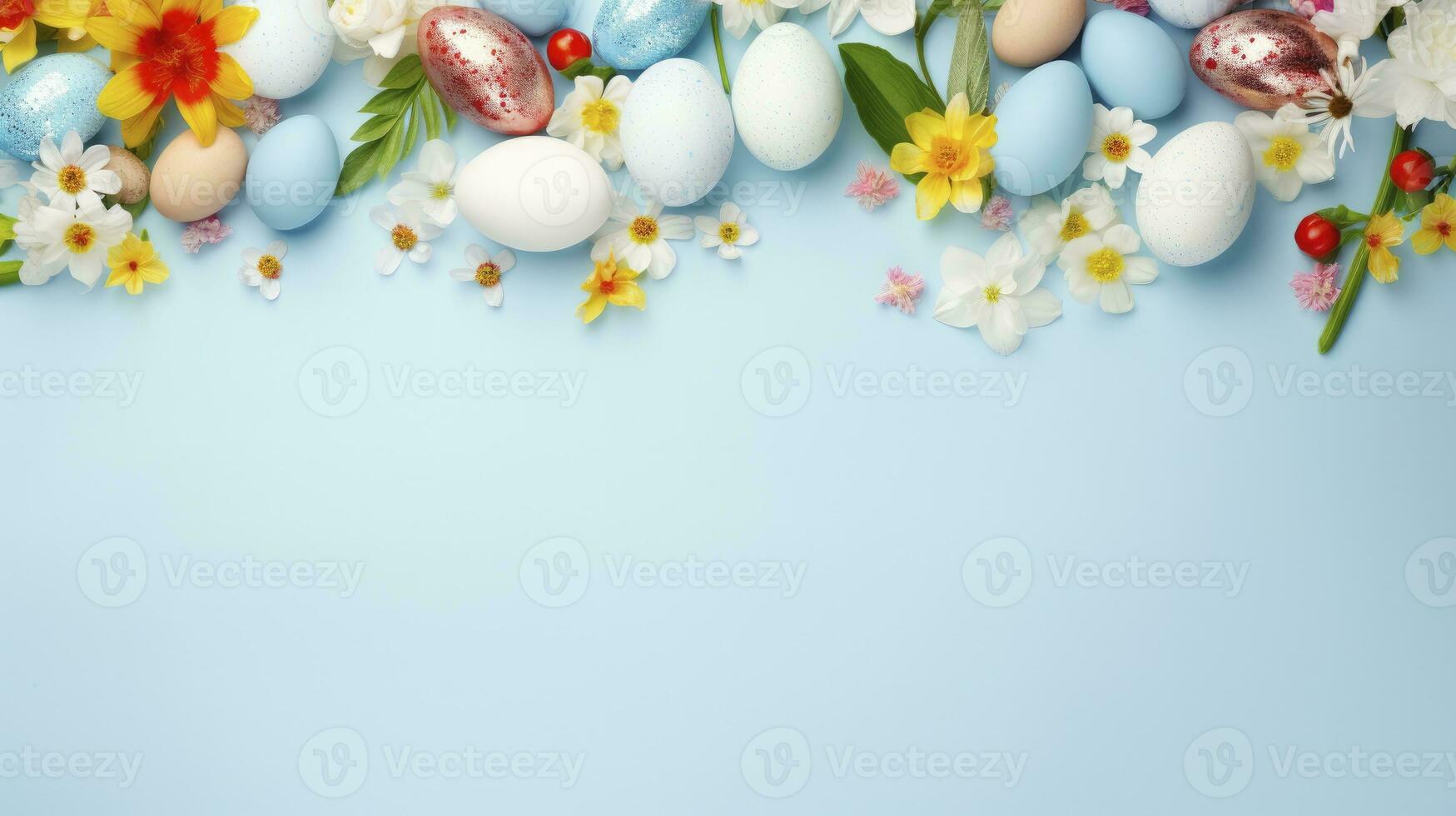 ai genererad vår blommor och färgrik påsk ägg med pastell blå bakgrund foto