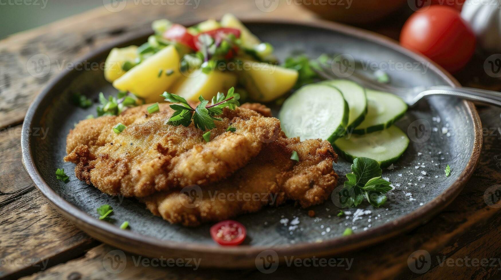 ai genererad klassisk friterad schnitzel eras med potatis och gurka sallad på en rustik modern tallrik foto