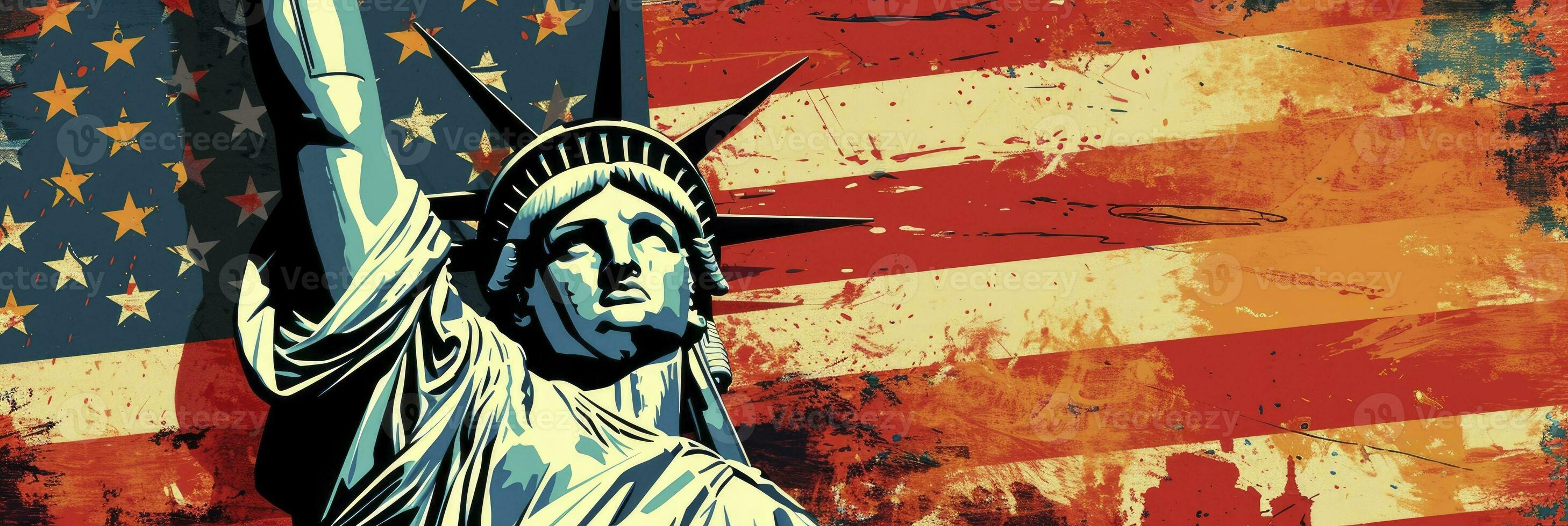 ai genererad staty av frihet mot amerikan flagga bakgrund. juli 4 oberoende dag. foto
