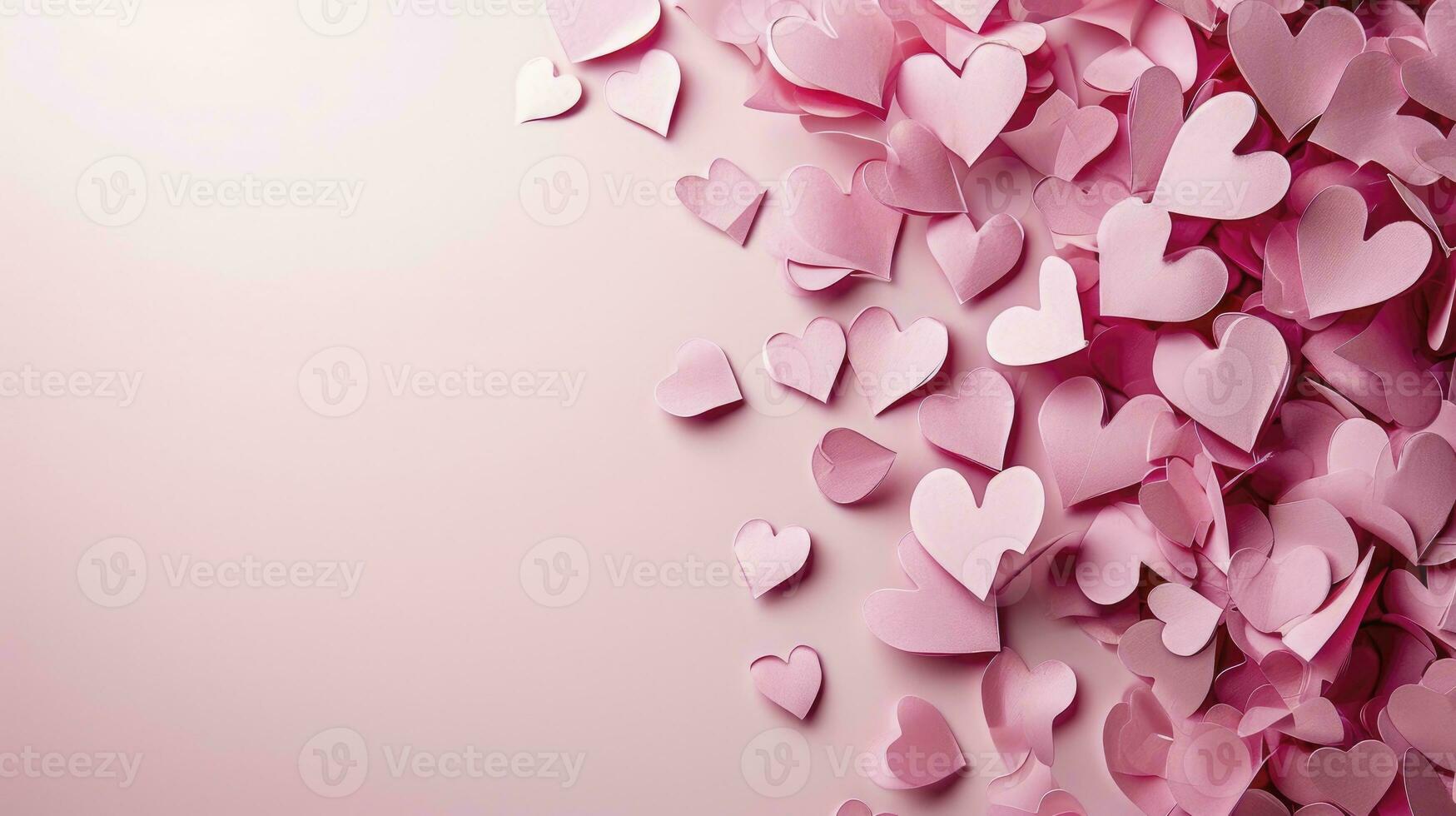 ai genererad papper rosa hjärtan flyga på mjuk rosa Färg bakgrund, gräns, kopia Plats. valentine dag begrepp för design. foto