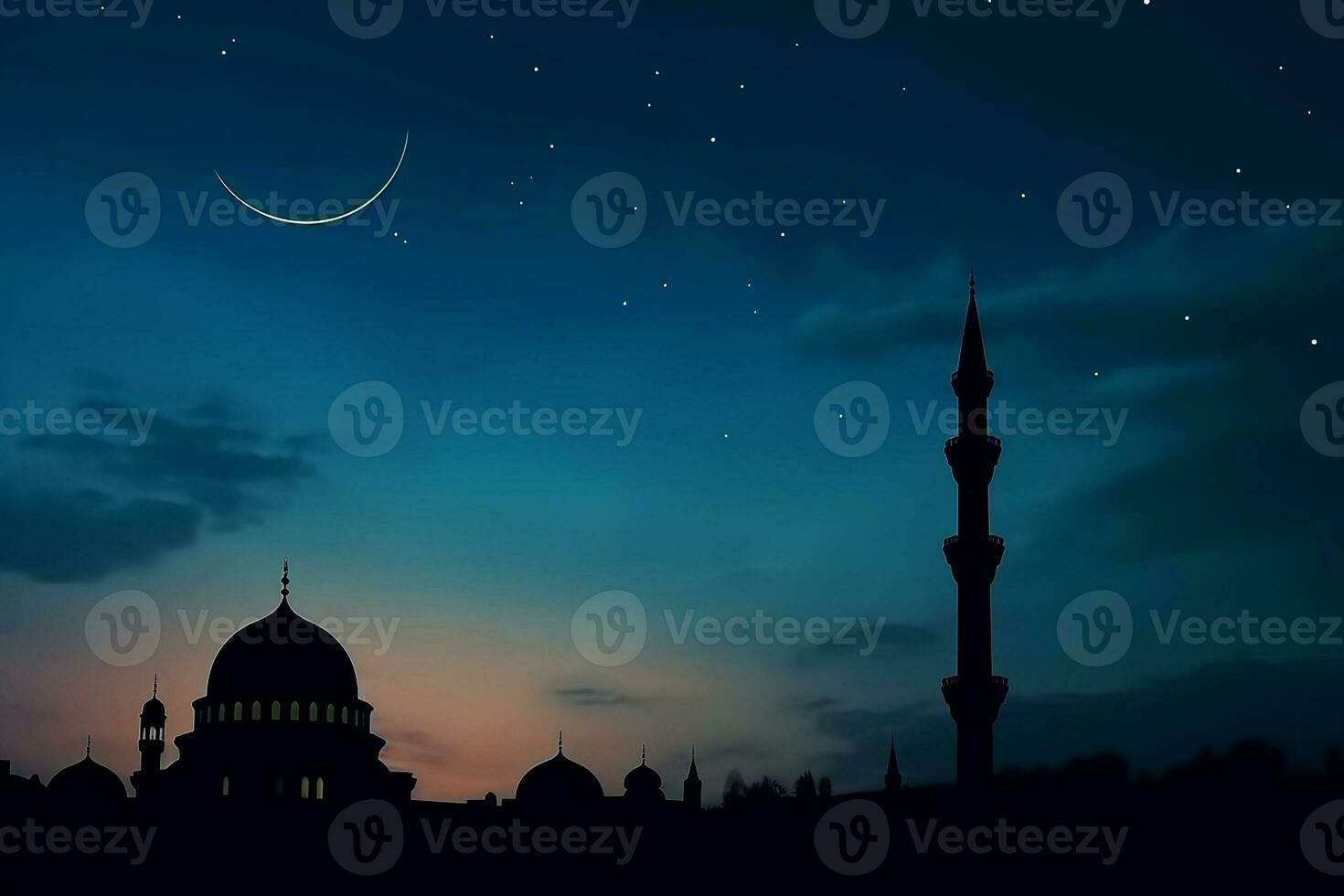 ai genererad en moské i natt och måne i bakgrund ramadan kareem firande foto