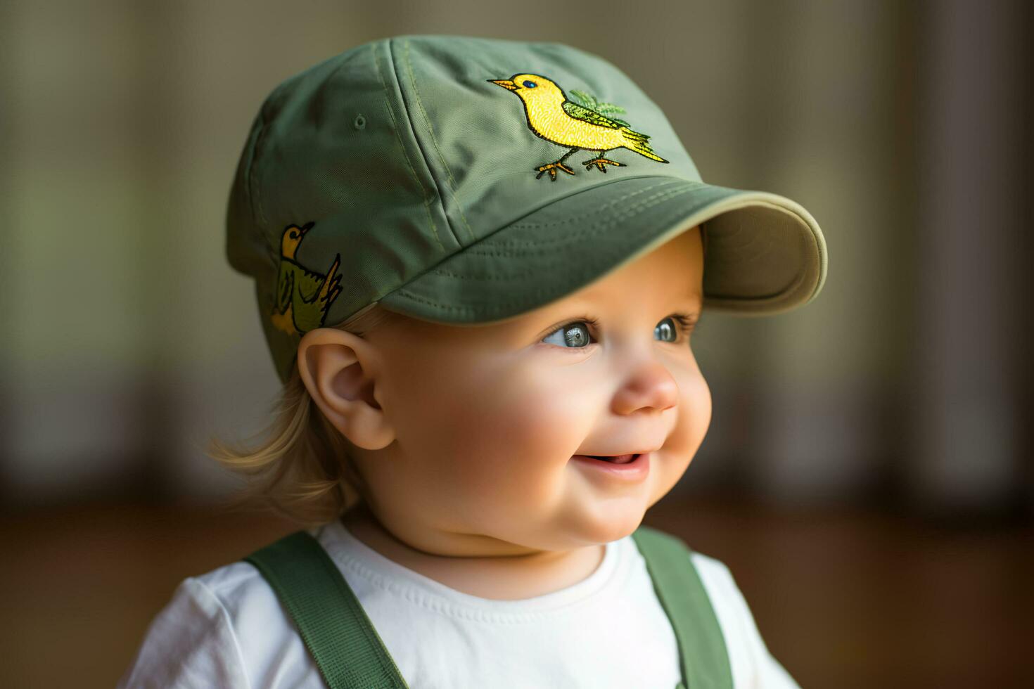 ai genererad fågelsång skönhet förtjusande bebis hatt med broderad fåglar foto